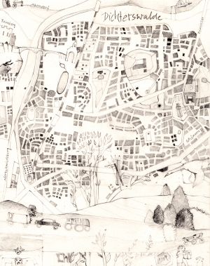 Hangezeichneter Stadtplan mit Text Dichterswalde
